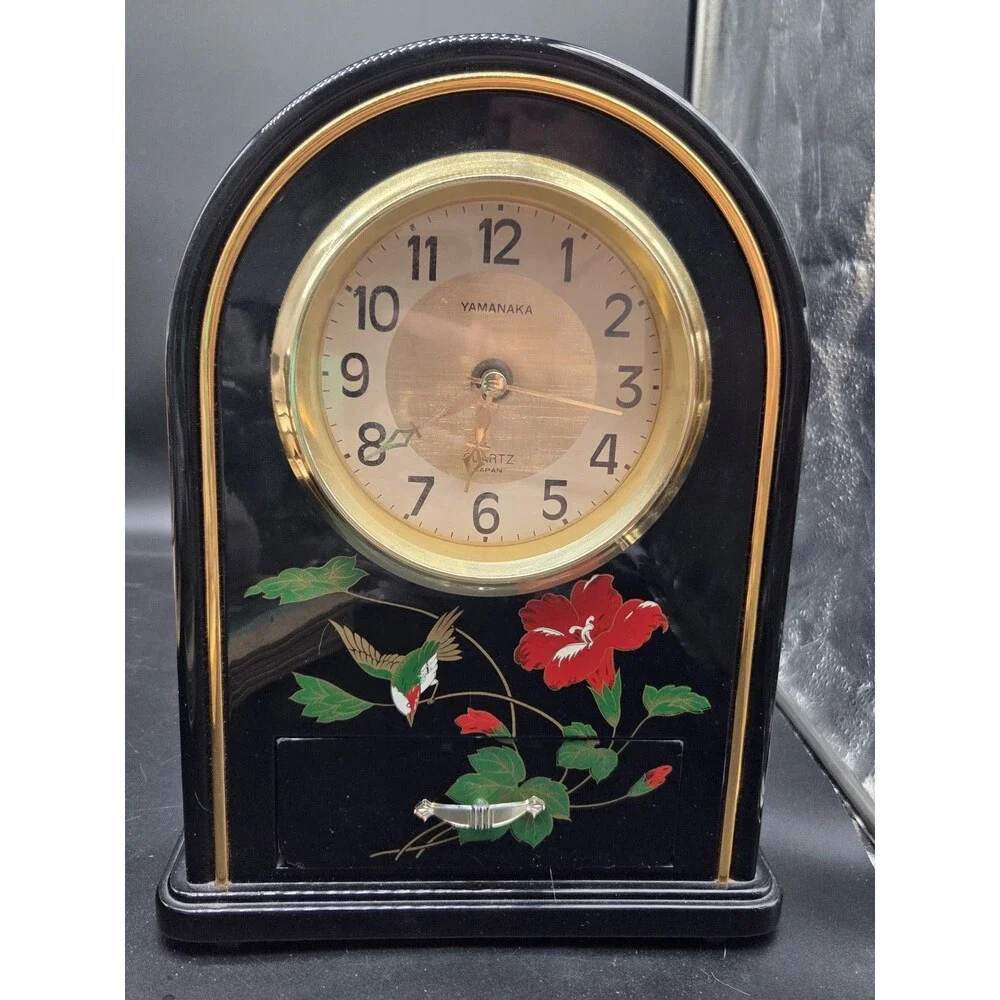 Vintage Yamanaka Quartz Mantel Clock Tabletop Black Red Hummingbird Flower